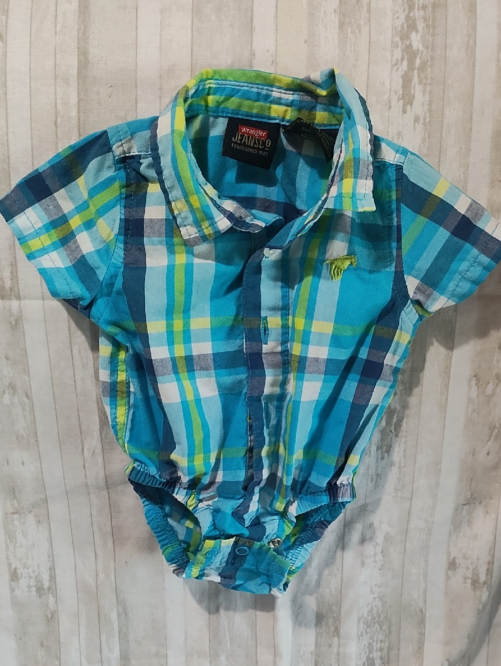 Wrangler Boys Blue Turquoise Plaid Button-Down Romper